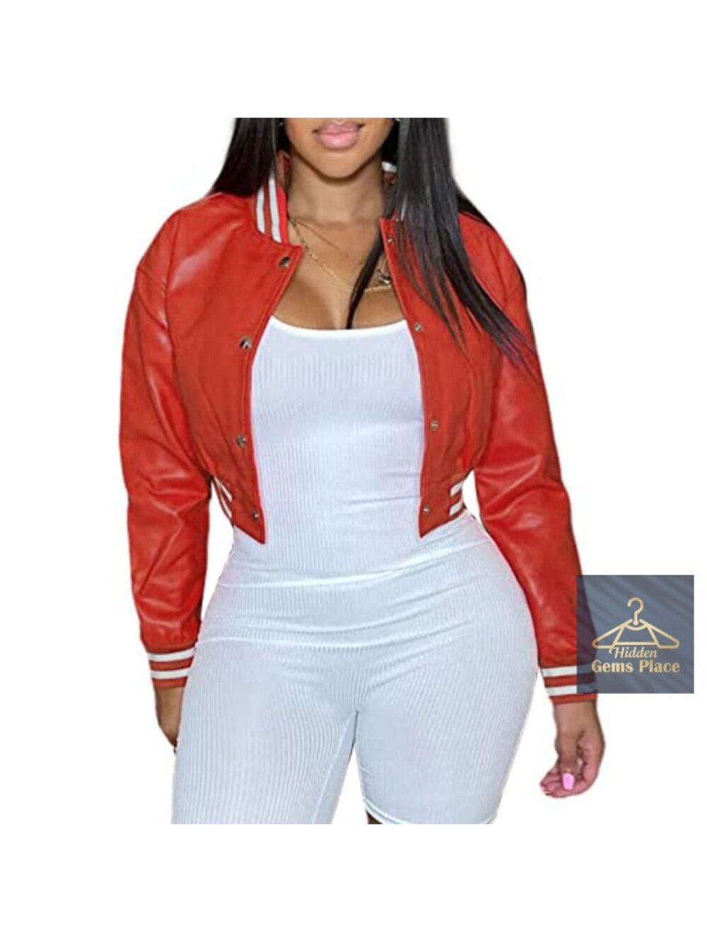 Faux Leather Varsity Bomber Jacket Women's Cropped Letterman Snap Button Sporty